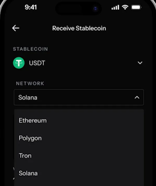 KAST Receive stablecoin: USDT with the network list open (Ethereum, Polygon, Tron, Solana)