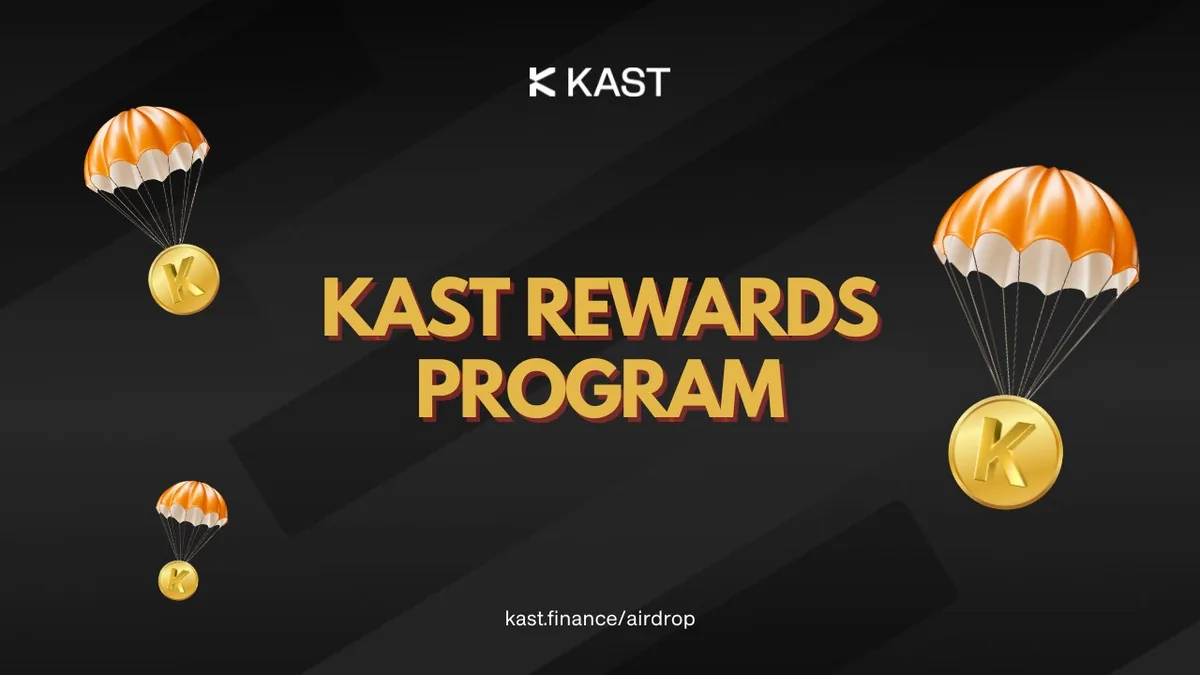KAST Rewards Program airdrop graphic with parachutes and K coins