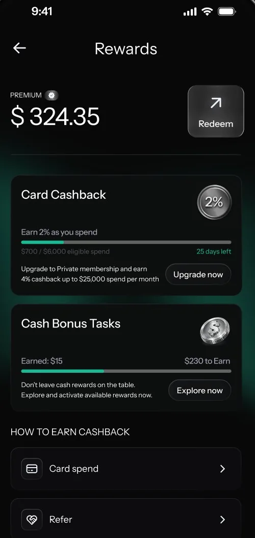 KAST app Rewards tab in 2026: Premium cashback balance, Card Cashback and Cash Bonus Tasks
