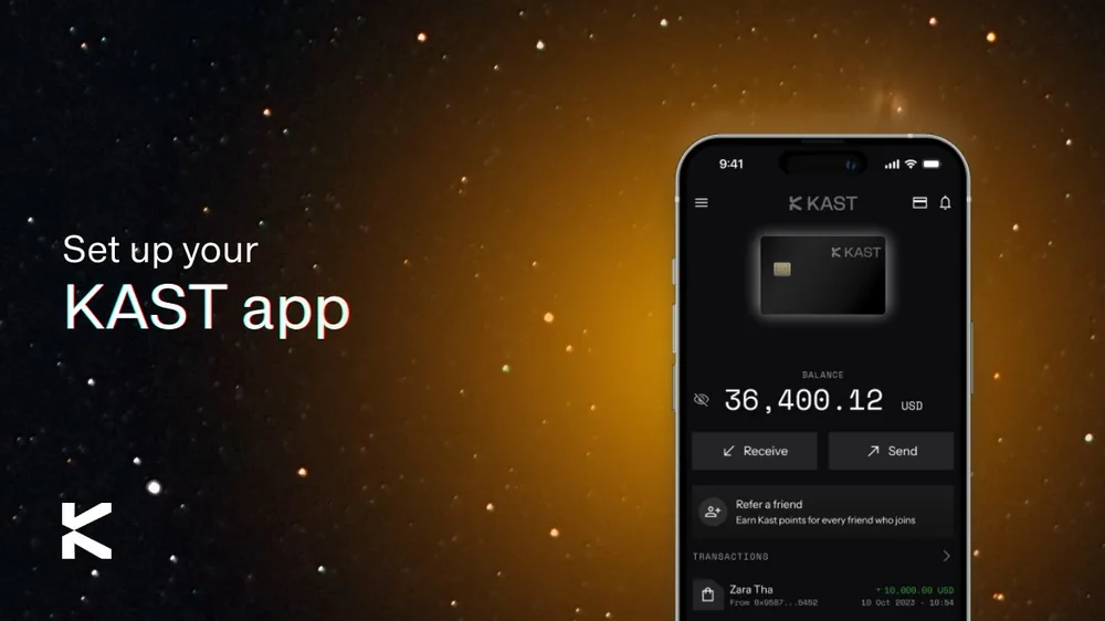 Set up your KAST app: the app home screen with balance and card