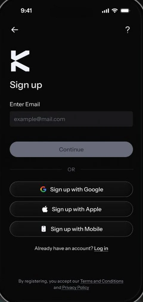 KAST sign-up screen: email, Google, Apple or mobile number