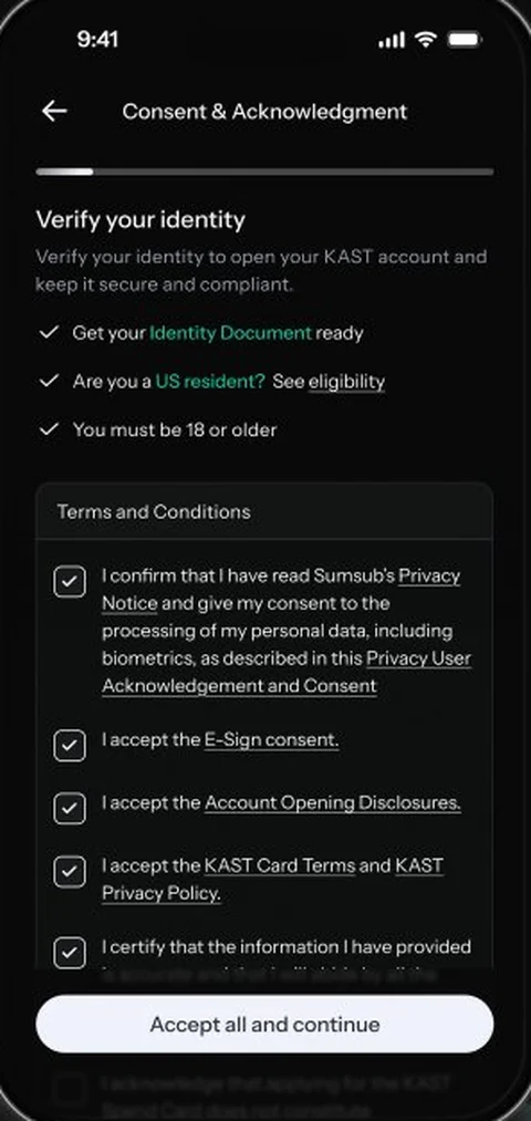 KAST Consent and Acknowledgment screen before identity verification