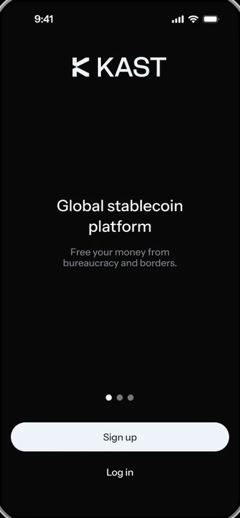 KAST app welcome screen with Sign up and Log in buttons