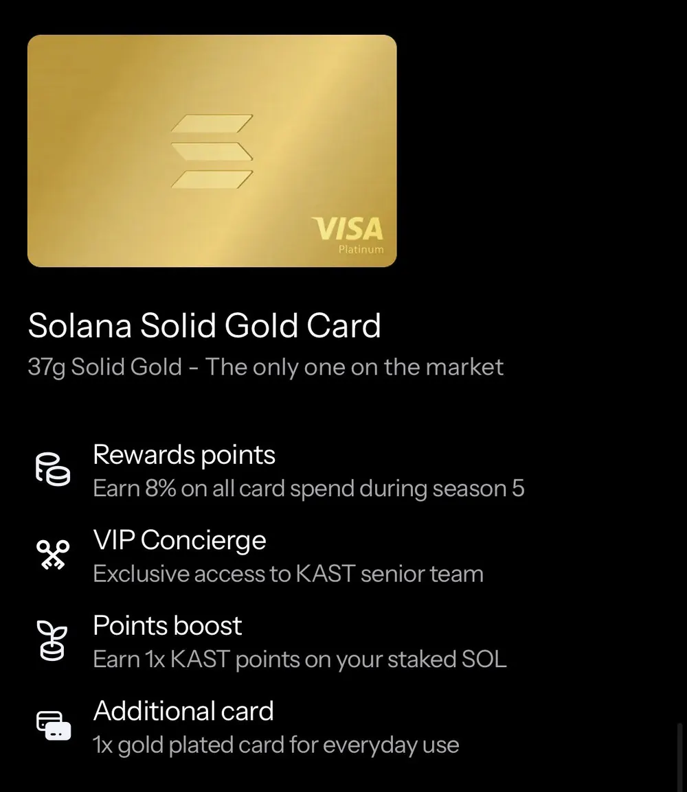 KAST Solana Solid Gold card benefits