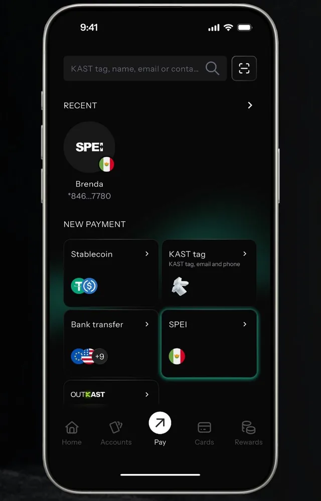 KAST Pay tab with SPEI under New payment
