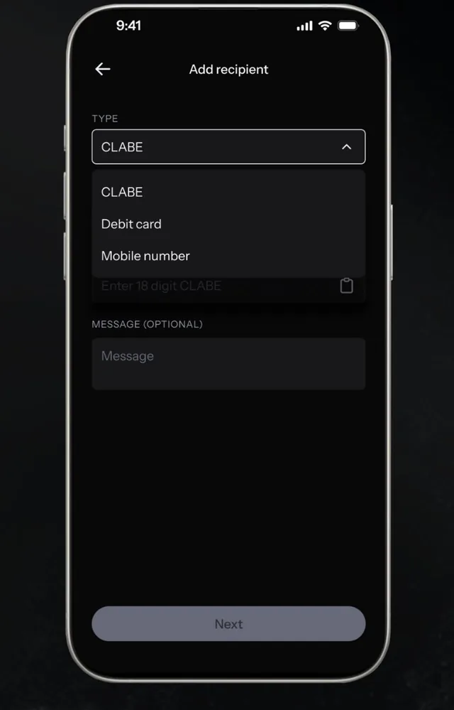 KAST SPEI transfer: recipient by CLABE, debit card or mobile number