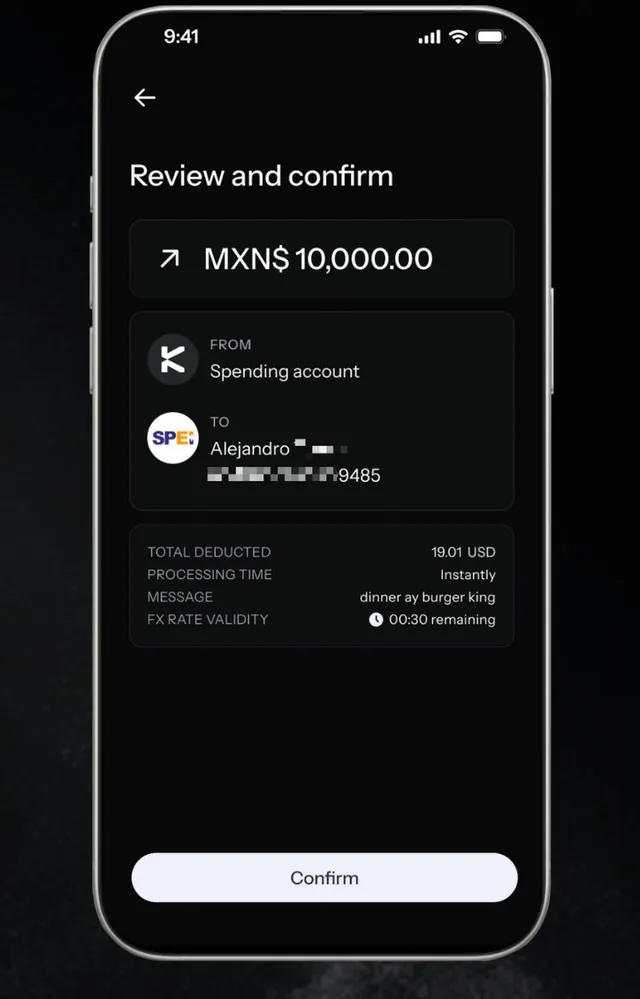 KAST SPEI transfer: review and confirm MXN$10,000
