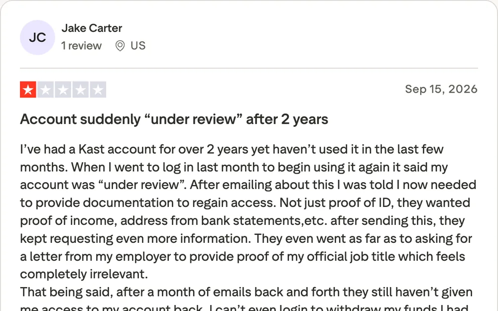 One-star Trustpilot review of KAST: account suddenly under review after two years