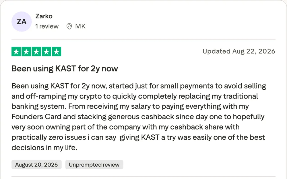 Five-star Trustpilot review of KAST: two years of use, salary and daily spending