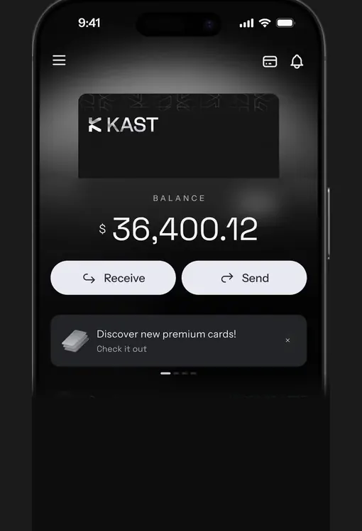 KAST app home screen with the dollar balance and the Receive button