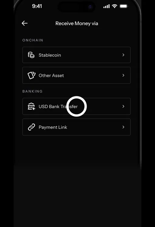 KAST Receive Money via screen with USD Bank Transfer under Banking