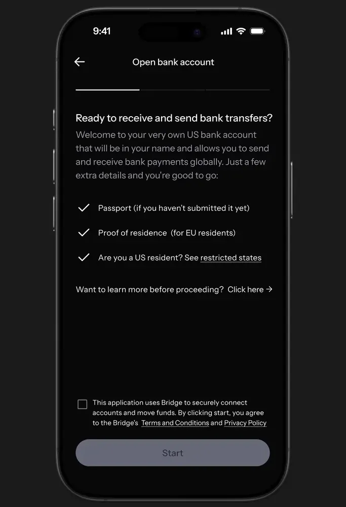 KAST Open bank account screen with the US resident restricted states check