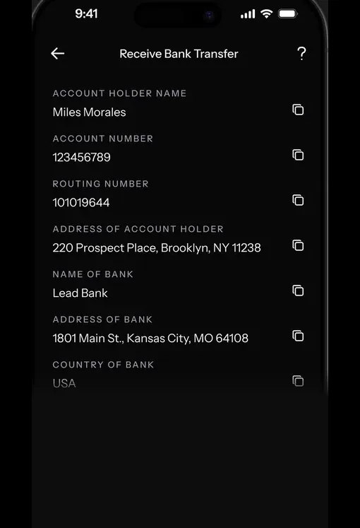 KAST Receive Bank Transfer screen with account number, routing number and Lead Bank