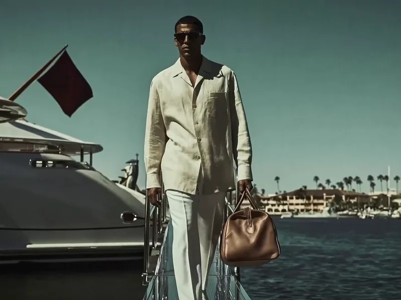 Man walking past a yacht in a harbour