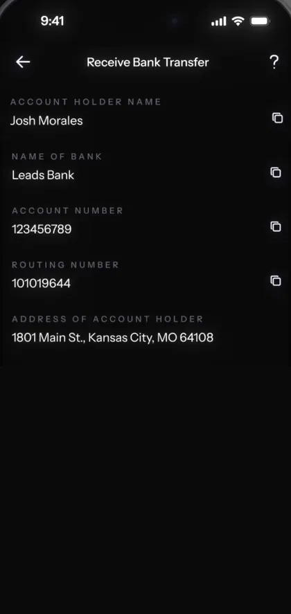 KAST USD account details: account holder, bank, account and routing number