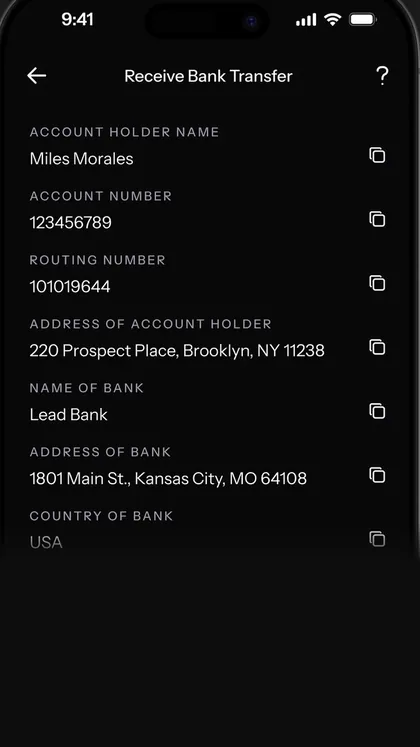 KAST Receive Bank Transfer screen: account holder, account and routing number, Lead Bank