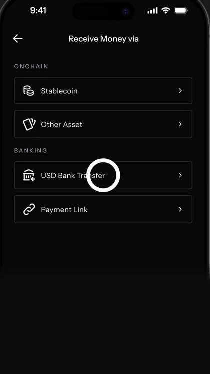 KAST Receive Money via screen with USD Bank Transfer under Banking