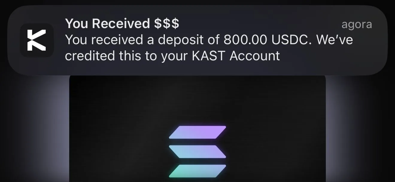 KAST notification: a USDC deposit on Solana credited to the KAST account