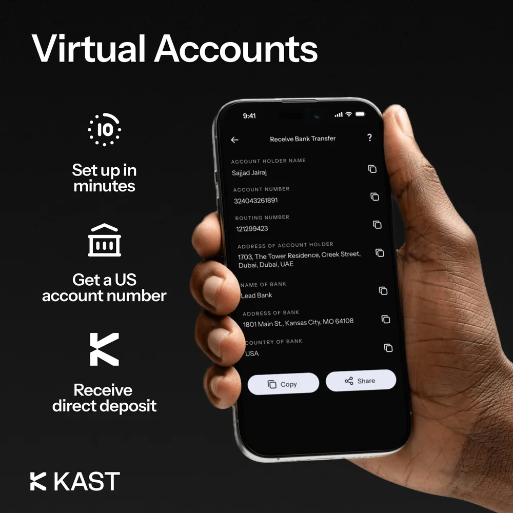 KAST Virtual Accounts: set up in minutes, get a US account number, receive direct deposit